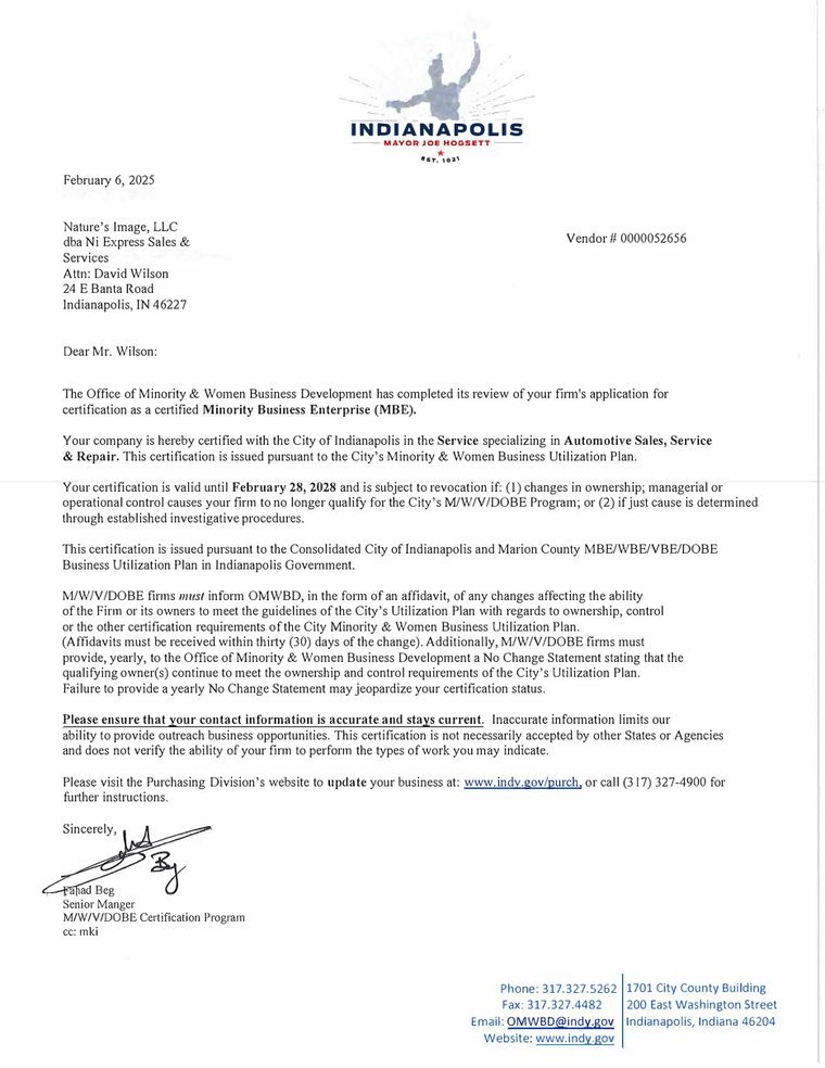 City of Indianapolis letter certifying the business as a Minority Business Enterprise, dated 6 February 2025